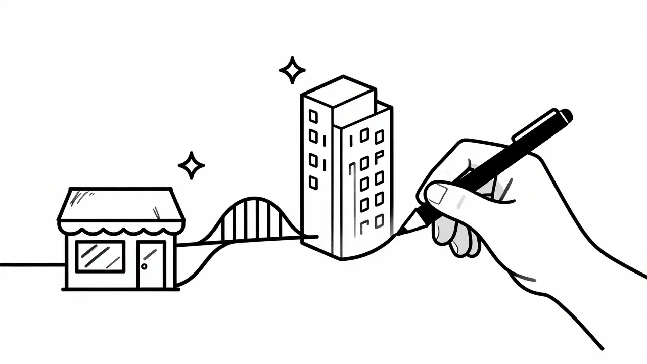 Monoline art showing AI bridging the gap between sketch and final store design
