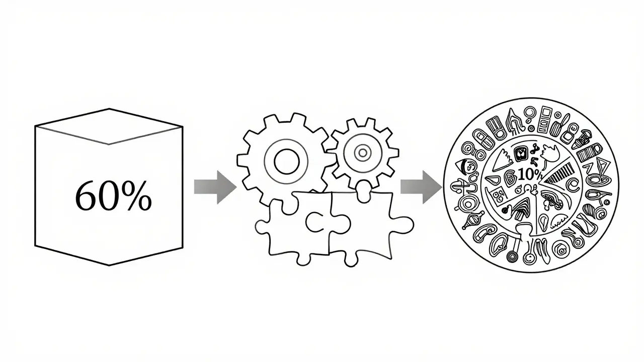 Monoline diagram illustrating the 60-30-10 optimal data mixture ratio for AI training