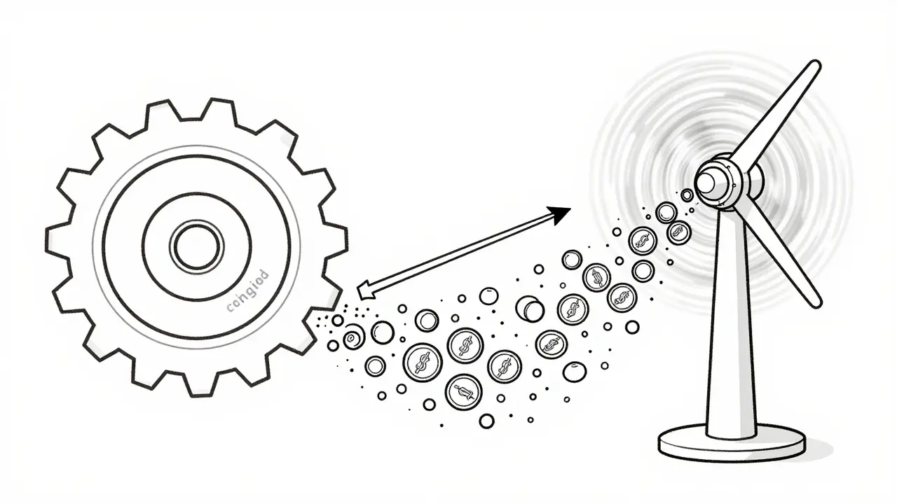 Monoline illustration of gears shifting from high cost to low cost token flow