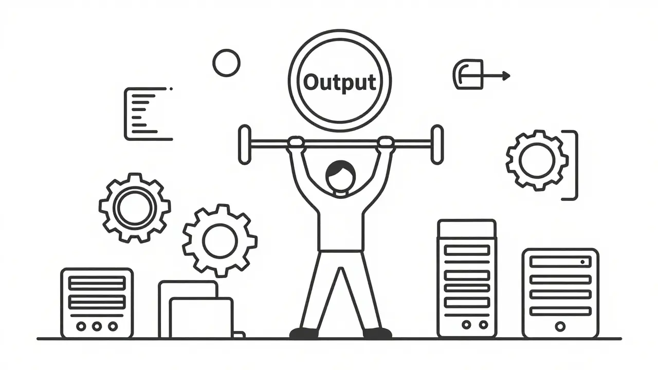 Person using tech leverage to lift heavy output weight with minimal effort.