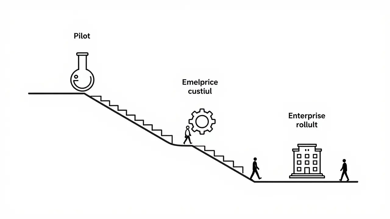 Phased rollout strategy illustrated as an ascending path