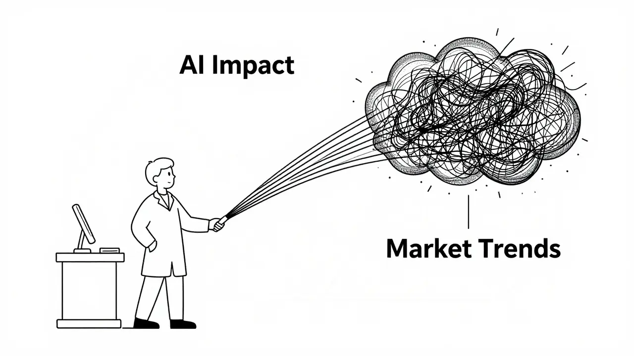 Scientist separating AI impact from market trends using statistical methods.