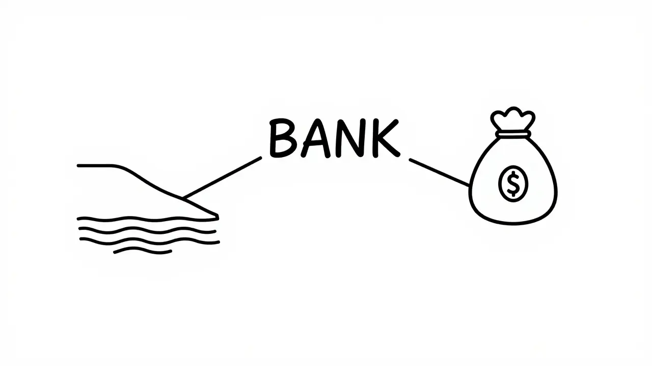 Simple line art illustrating the word Bank connecting to both a river and money icons.
