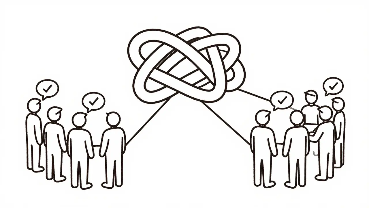 Small team communicating directly versus tangled lines of large group noise.