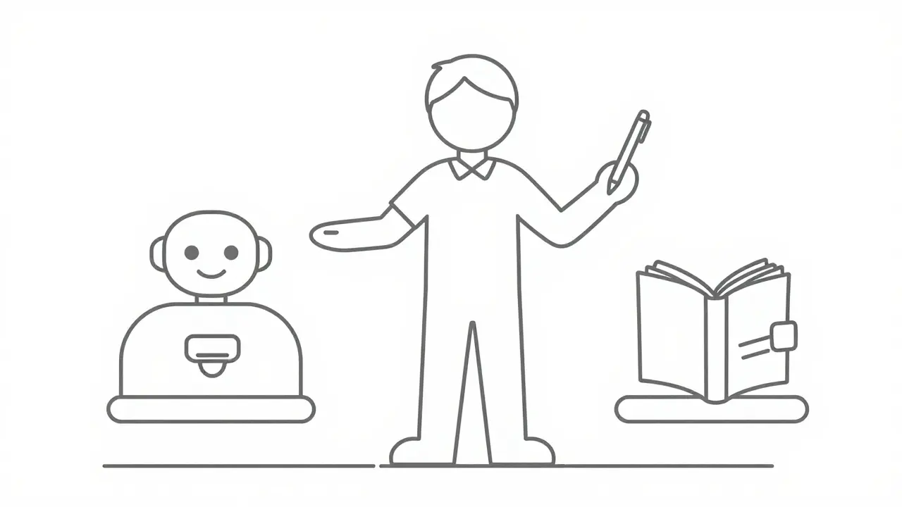 Student collaborating with AI tutor and human tools