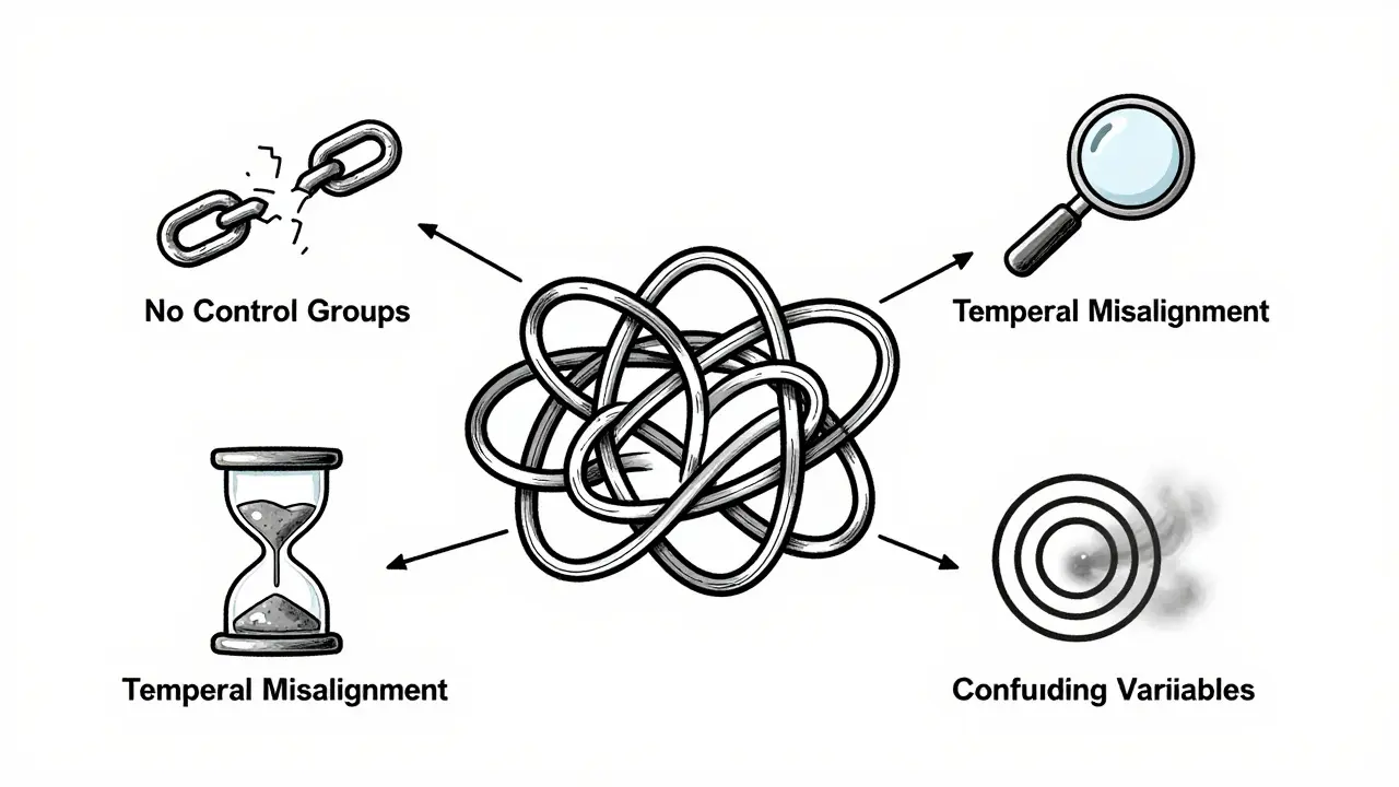 Tangled wires and icons symbolizing data lineage and attribution challenges.