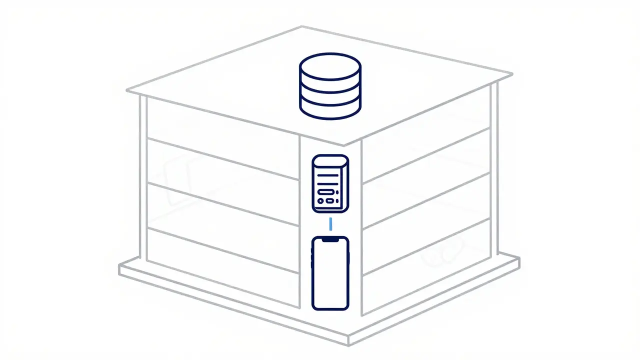Vertical slice architecture concept shown as a building cutaway