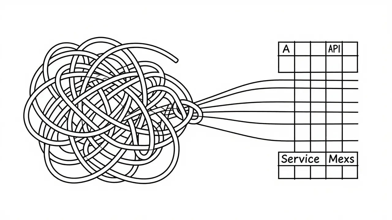 Abstract monoline illustration contrasting chaos with structured order