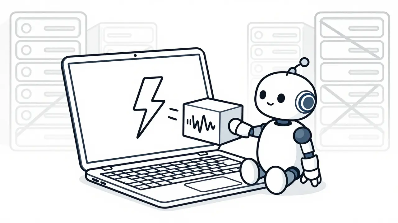 Cartoon robot feeding compressed data to a laptop, saving costs and boosting speed