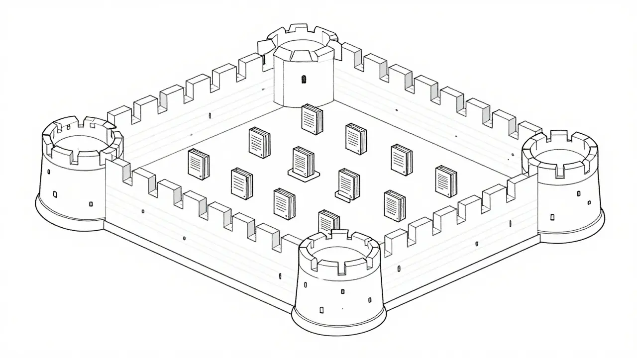 Clean monoline illustration of a secure fortress protecting local AI models from external threats.