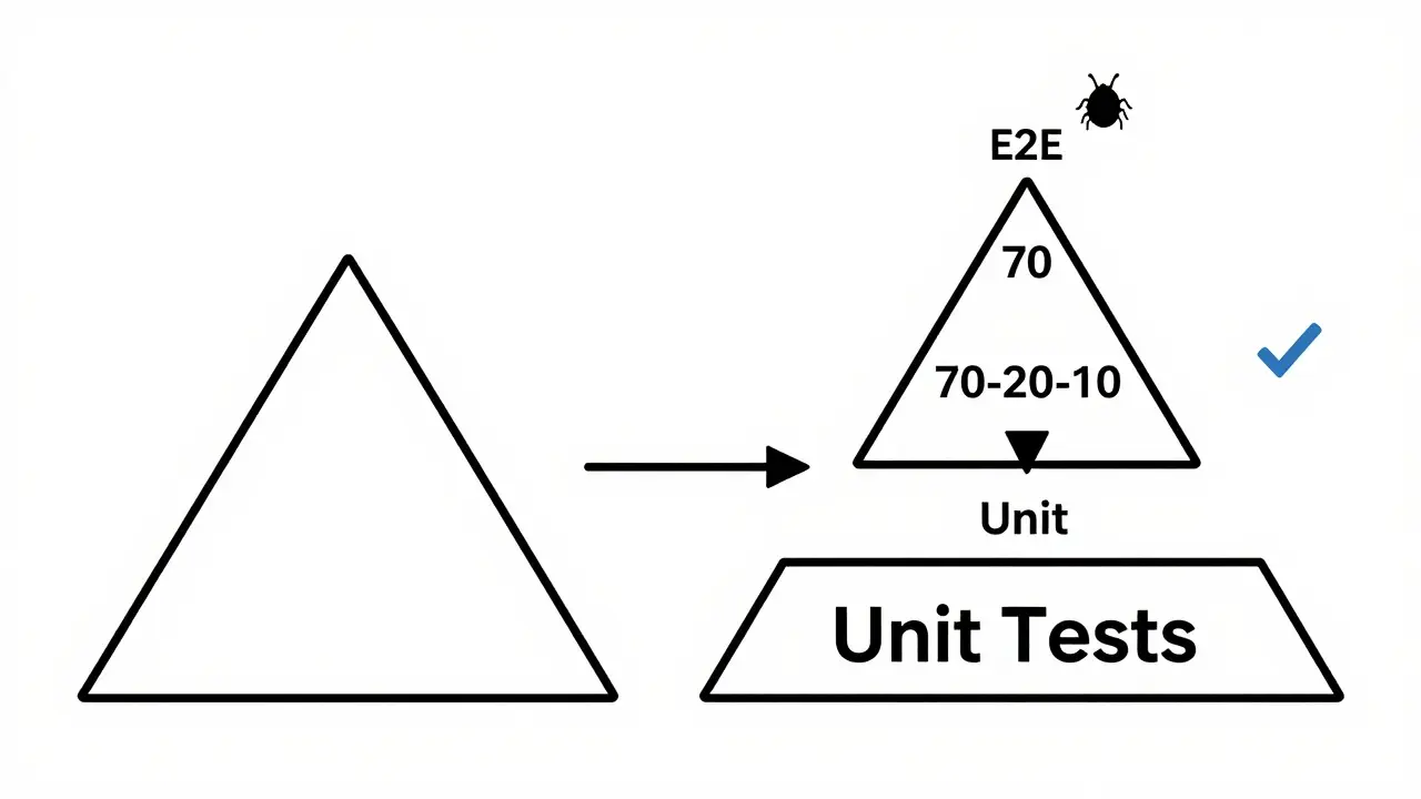 Comparison of traditional vs vibe-coded test pyramid ratios in line art