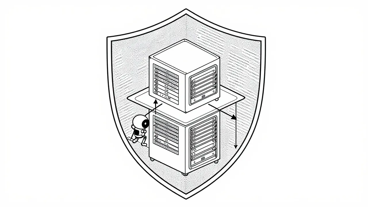 Diagram of layered AI safety shields protecting a central server