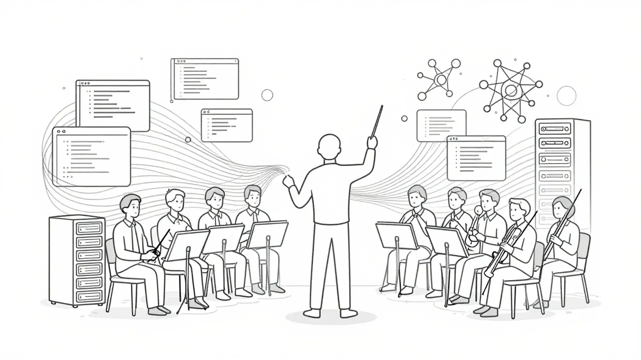Engineer conducting an orchestra of code blocks and AI tools