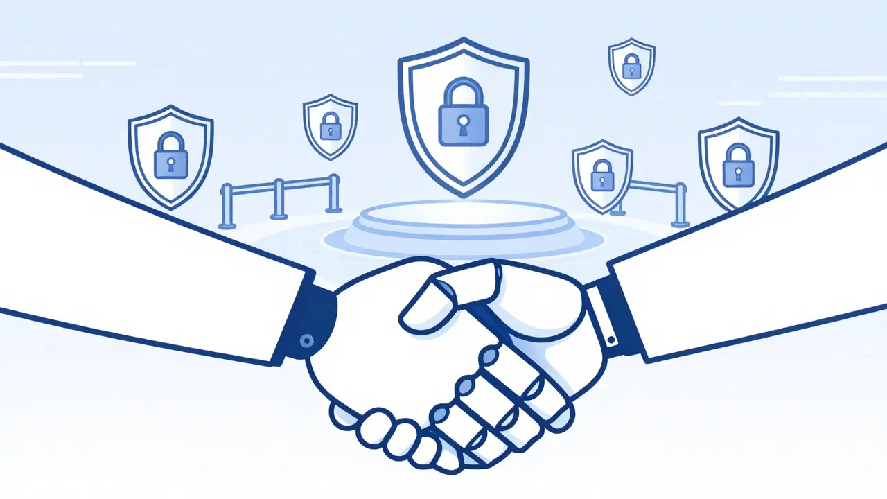Human and robot shaking hands surrounded by security shield icons