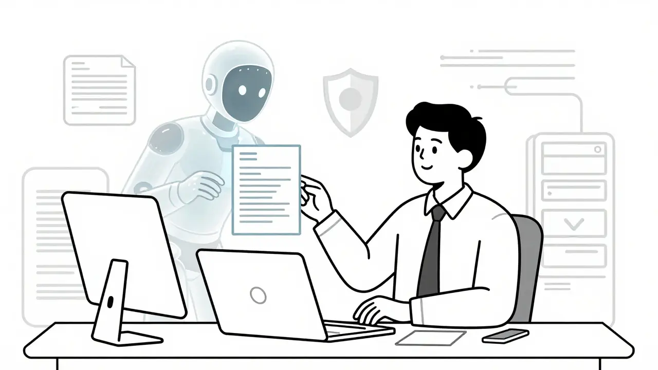 Human collaborating with secure AI assistant in a modern office setting