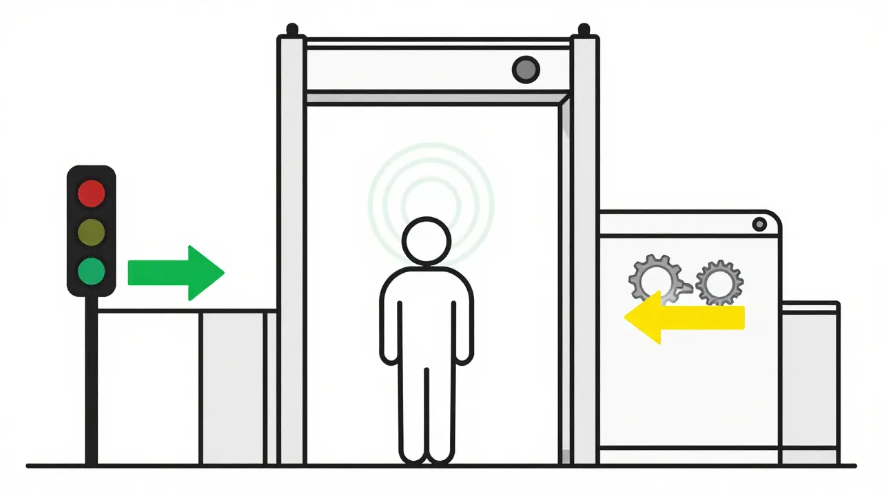 Illustration of a security gate diverting uncertain data to a secondary scanner