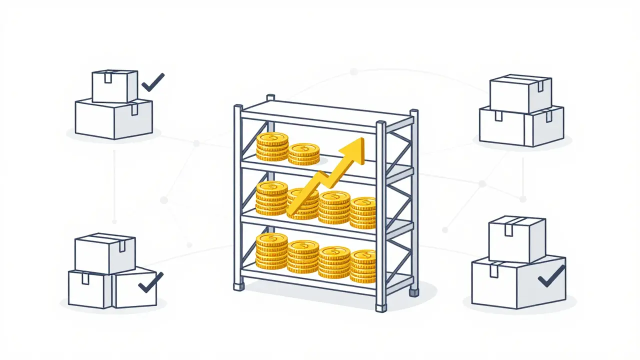 Illustration of inventory turning into cash through efficient AI-optimized stock management.