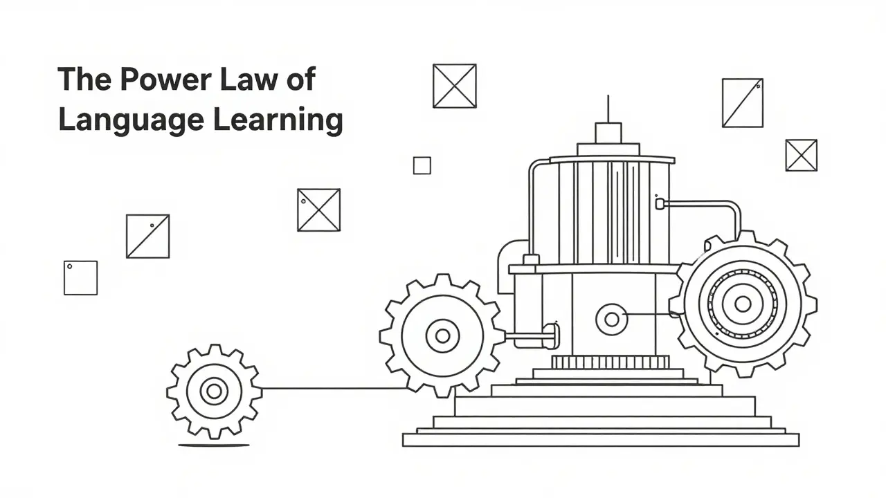 Line art diagram connecting small model gears to a large AI machine