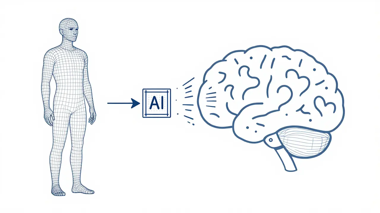 Line art showing real data transforming into noisy synthetic data via AI.