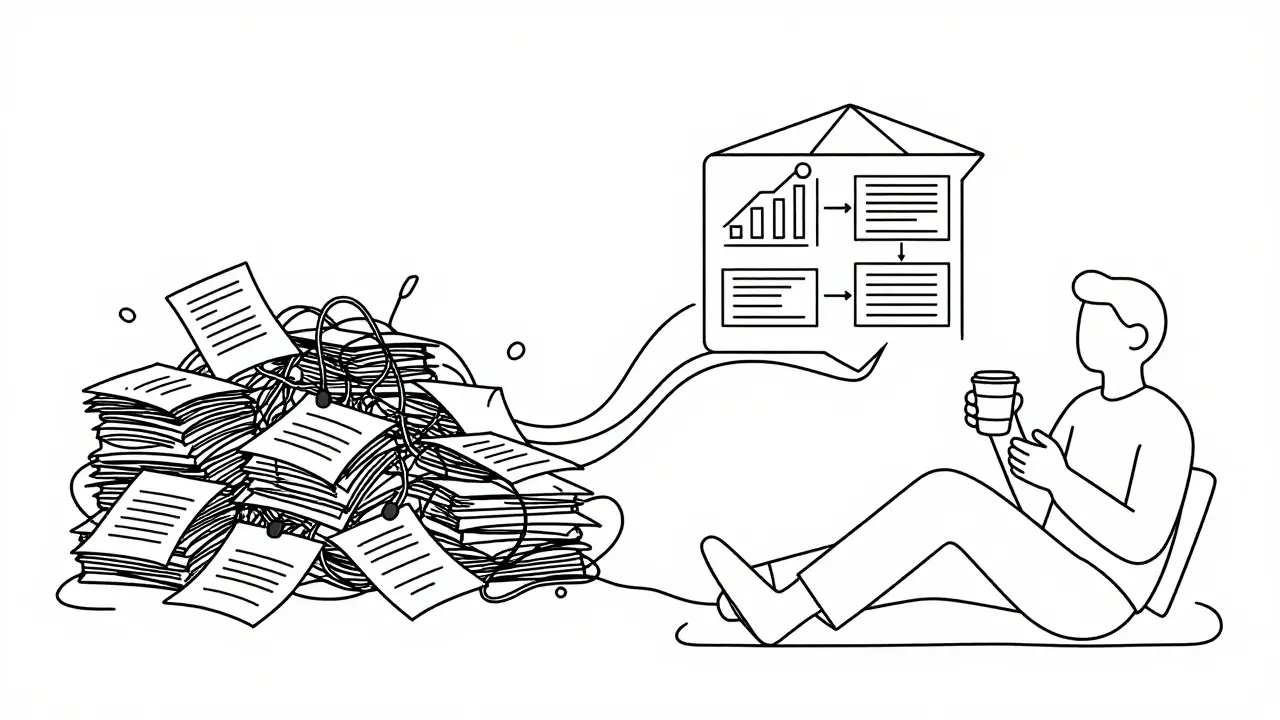 Line art showing transition from manual work to AI efficiency