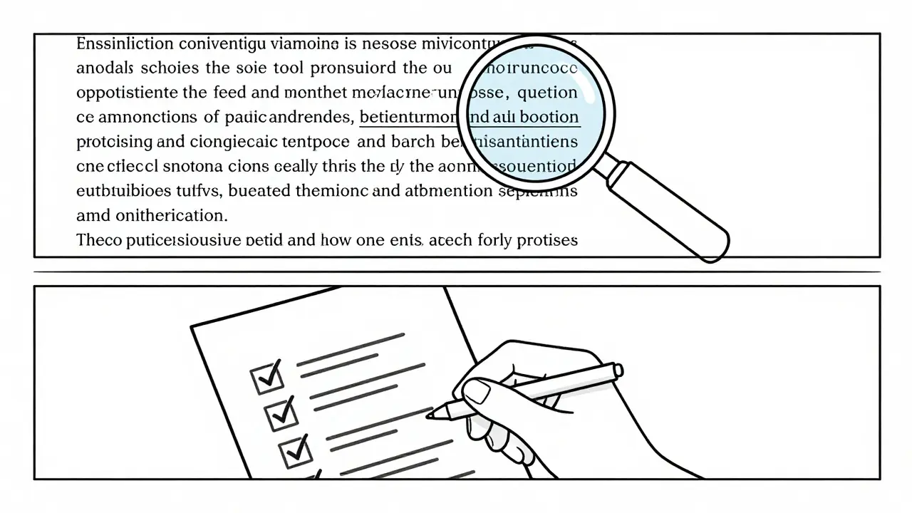 Minimalist line art depicting text extraction and fact-checking with a magnifying glass.