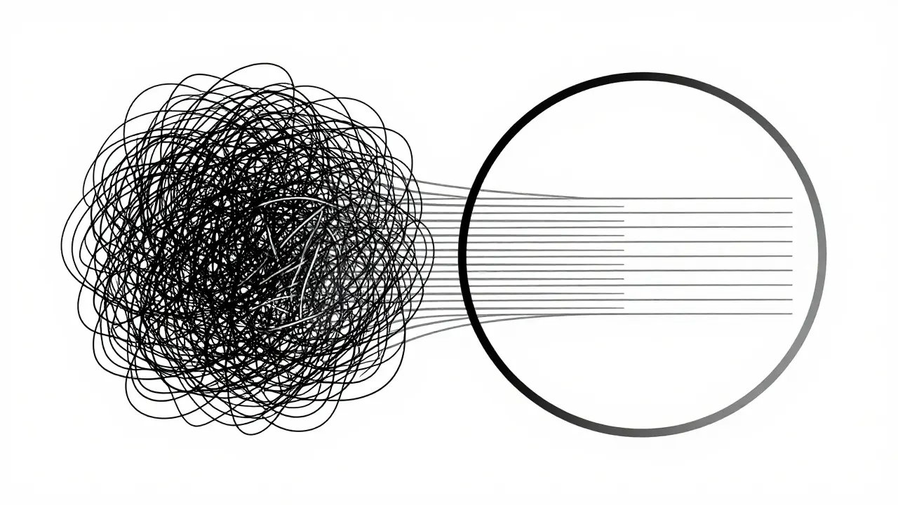 Monoline art depicting gradient scaling transforming chaos into order
