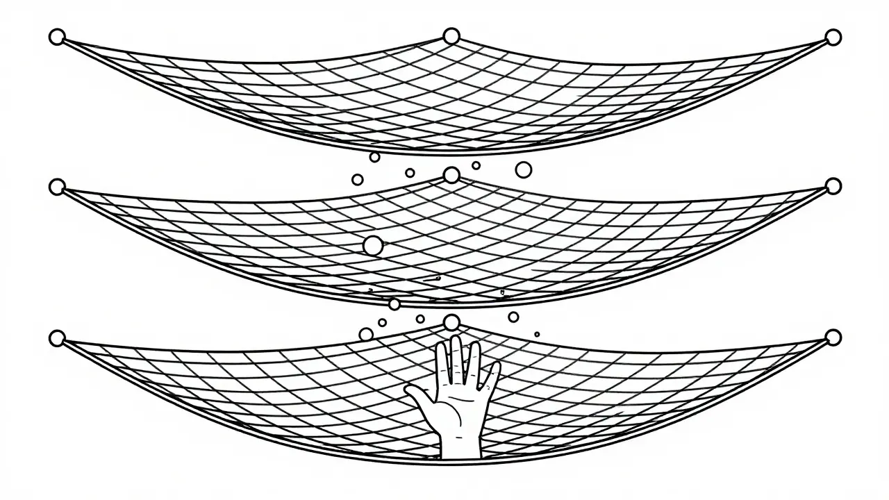 Monoline drawing of a three-layer validation net catching data errors