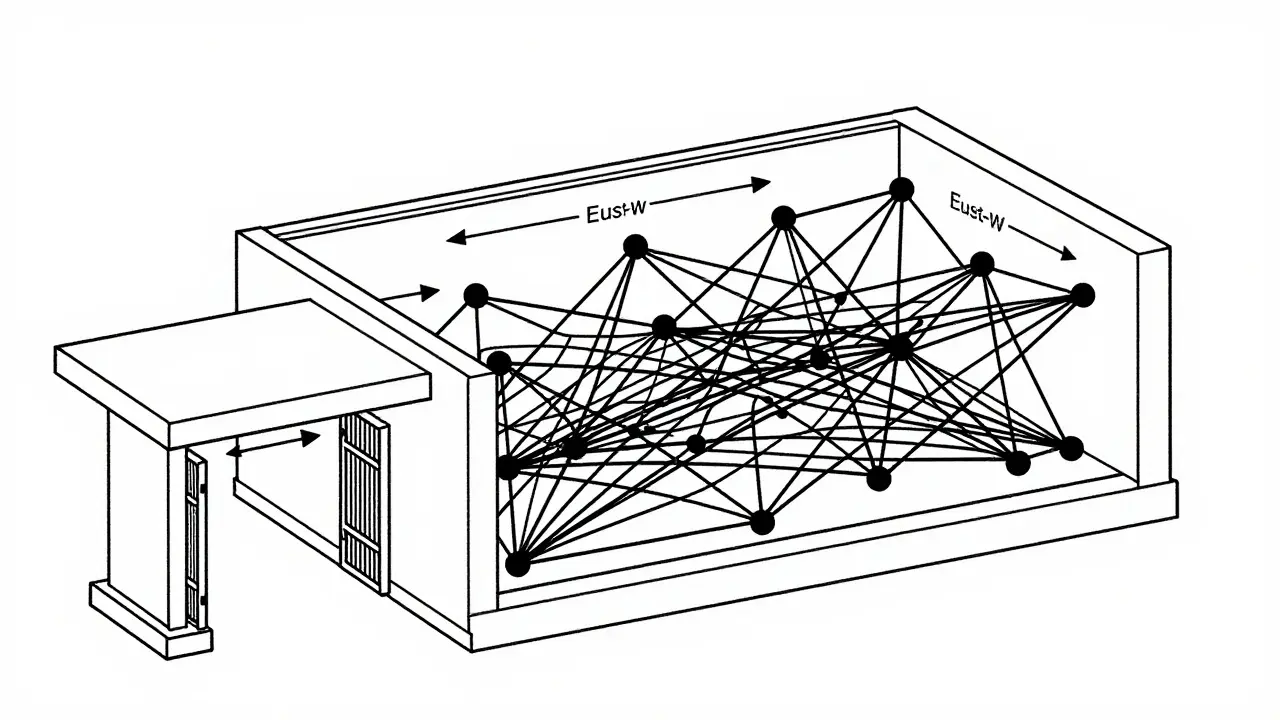 Schematic monoline art showing external gates and internal service mesh