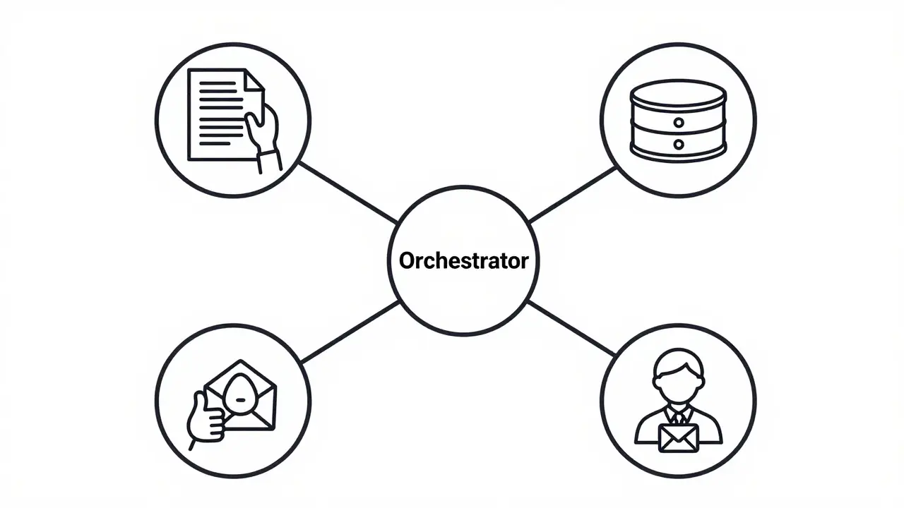 Schematic of agentic workflow with orchestrator, agents, and human validation
