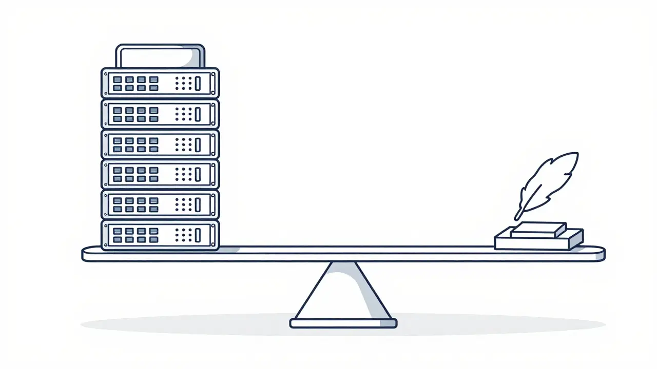 Simple illustration balancing heavy servers against efficient AI chips