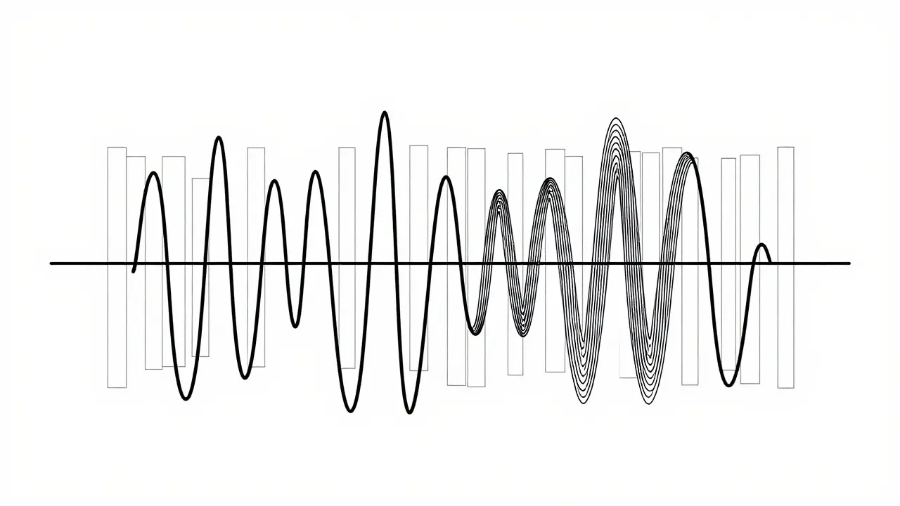 Sine waves overlaying word tokens to illustrate positional encoding math