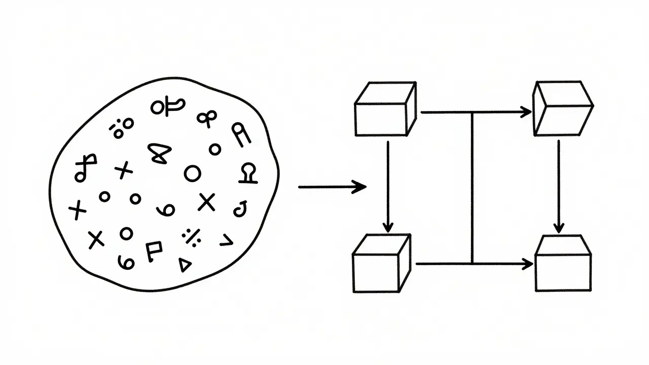 Single-line illustration showing vague shapes transforming into structured geometric boxes.