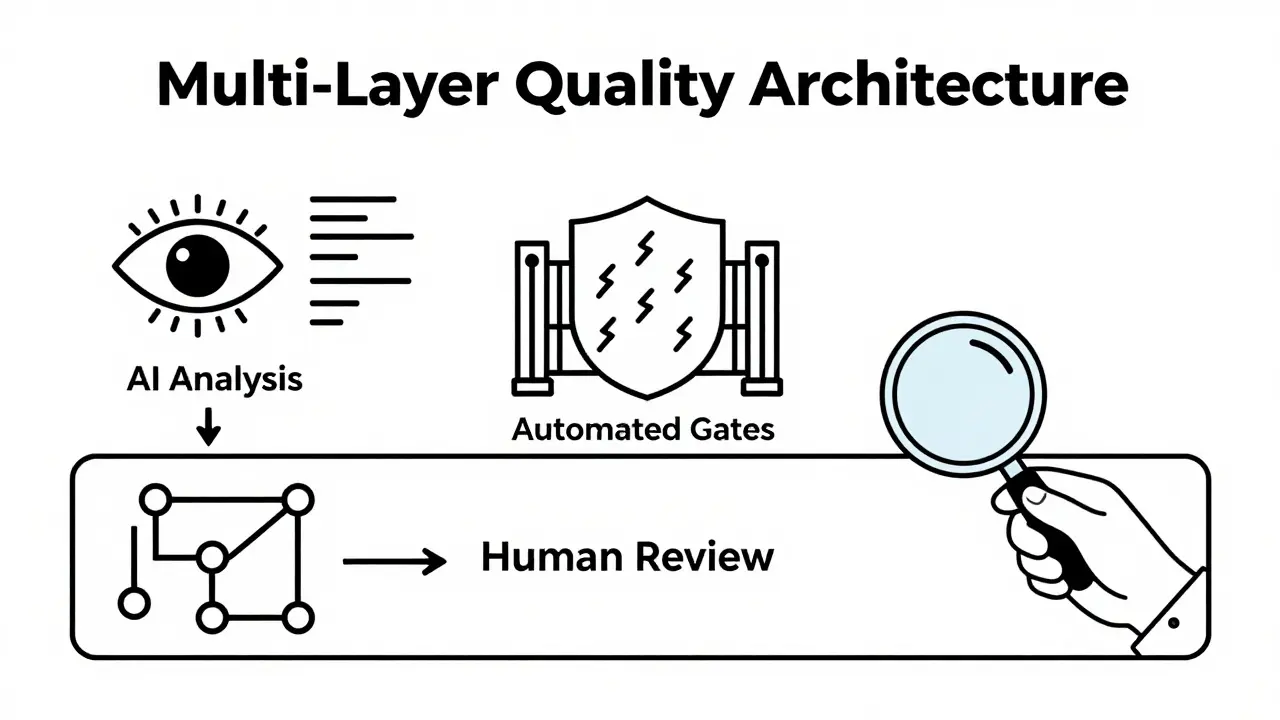 Three-layer security diagram showing AI analysis, automated gates, and human review