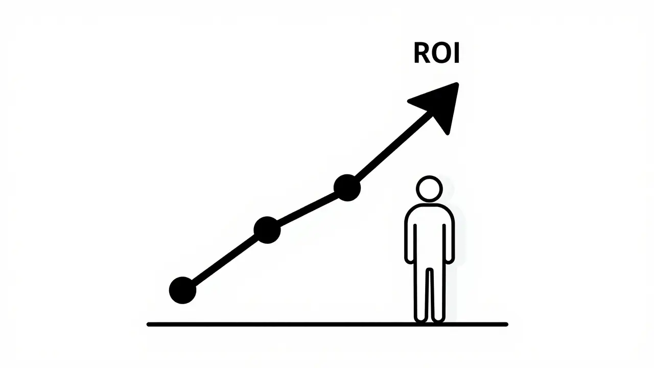 Upward trend arrow showing improved ROI and customer satisfaction metrics