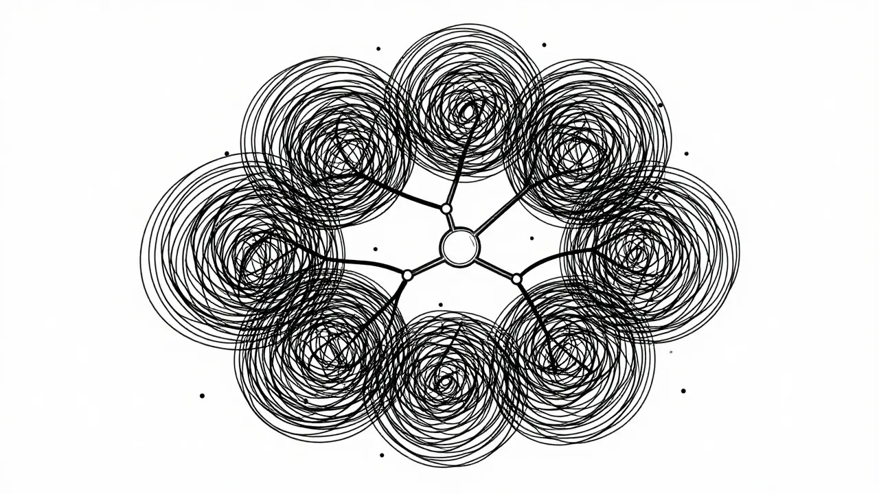 Abstract monoline art depicting noise obscuring data points in a neural network