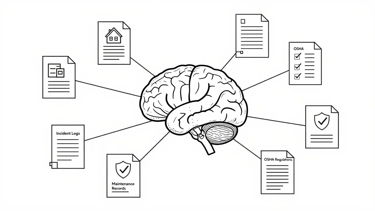Abstract monoline art of AI connecting fragmented safety data sources
