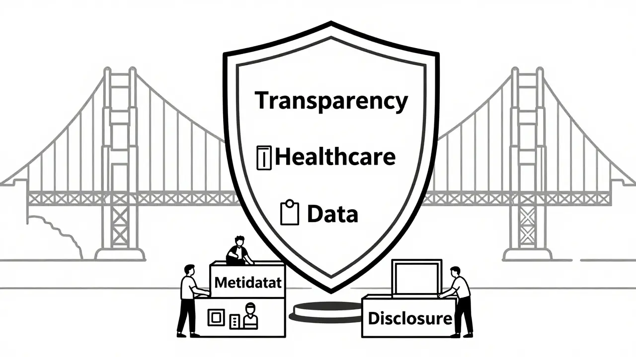 Abstract shield symbolizing California's strict AI transparency and healthcare laws.