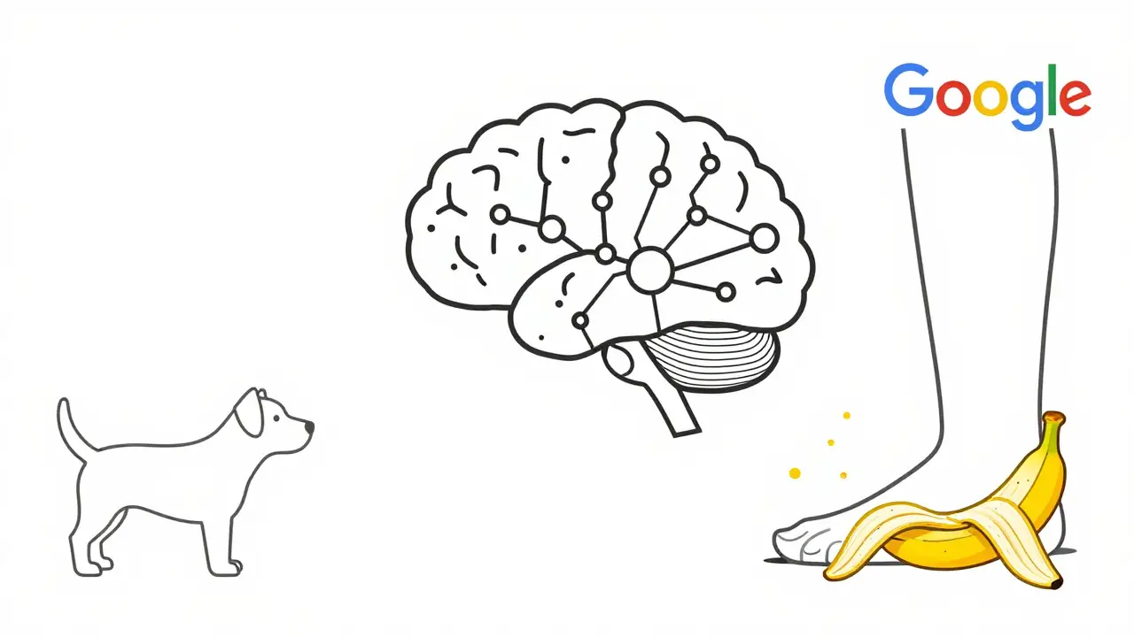 Brain icon storing a surprising banana peel while discarding routine data