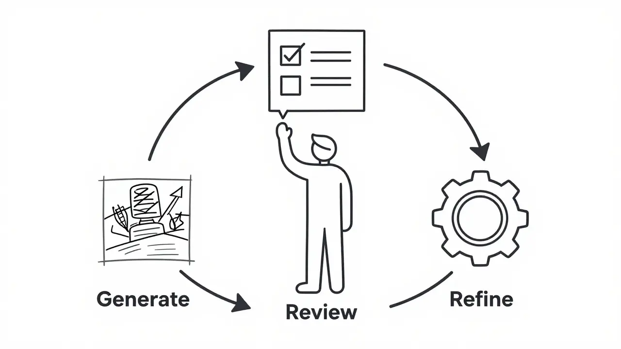 Circular diagram showing the iterative cycle of generating, reviewing, and refining code.