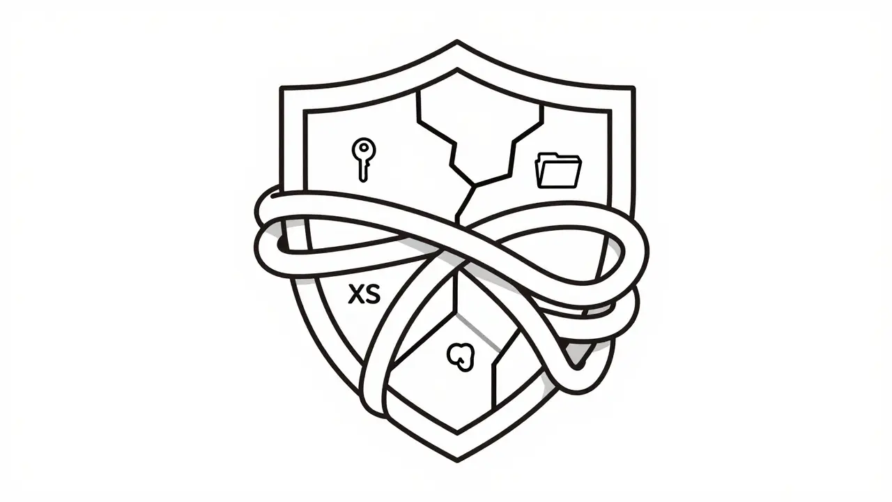 Cracked shield icon with security vulnerability symbols