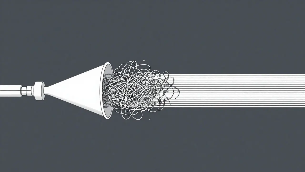Data stream compressing through a funnel into neat parallel lines