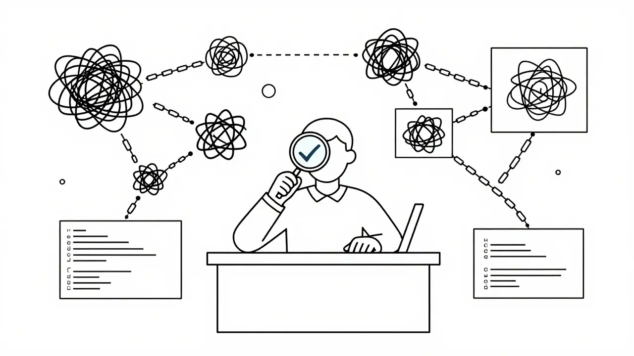 Developer analyzing tangled technical debt diagrams with magnifying glass