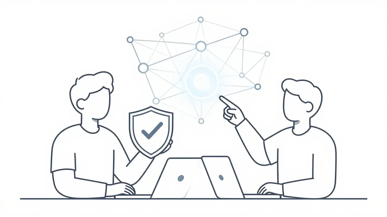 Developers collaborating with security shields and community networks