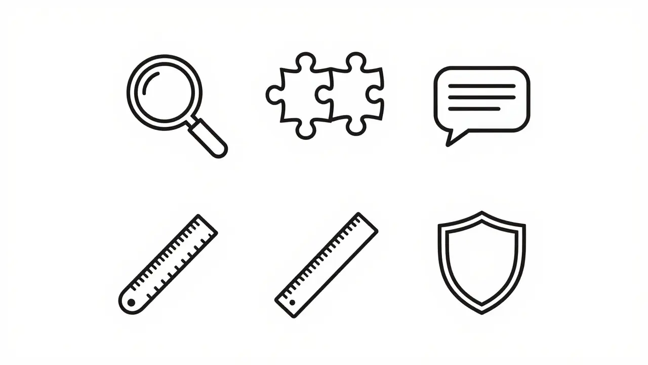 Five monoline icons representing clarity, modularity, documentation, consistency, and design.