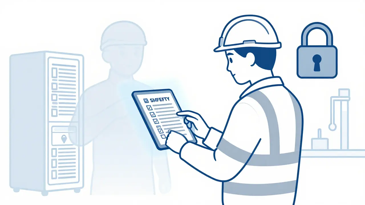 Human worker and secure AI assistant collaborating on safety compliance