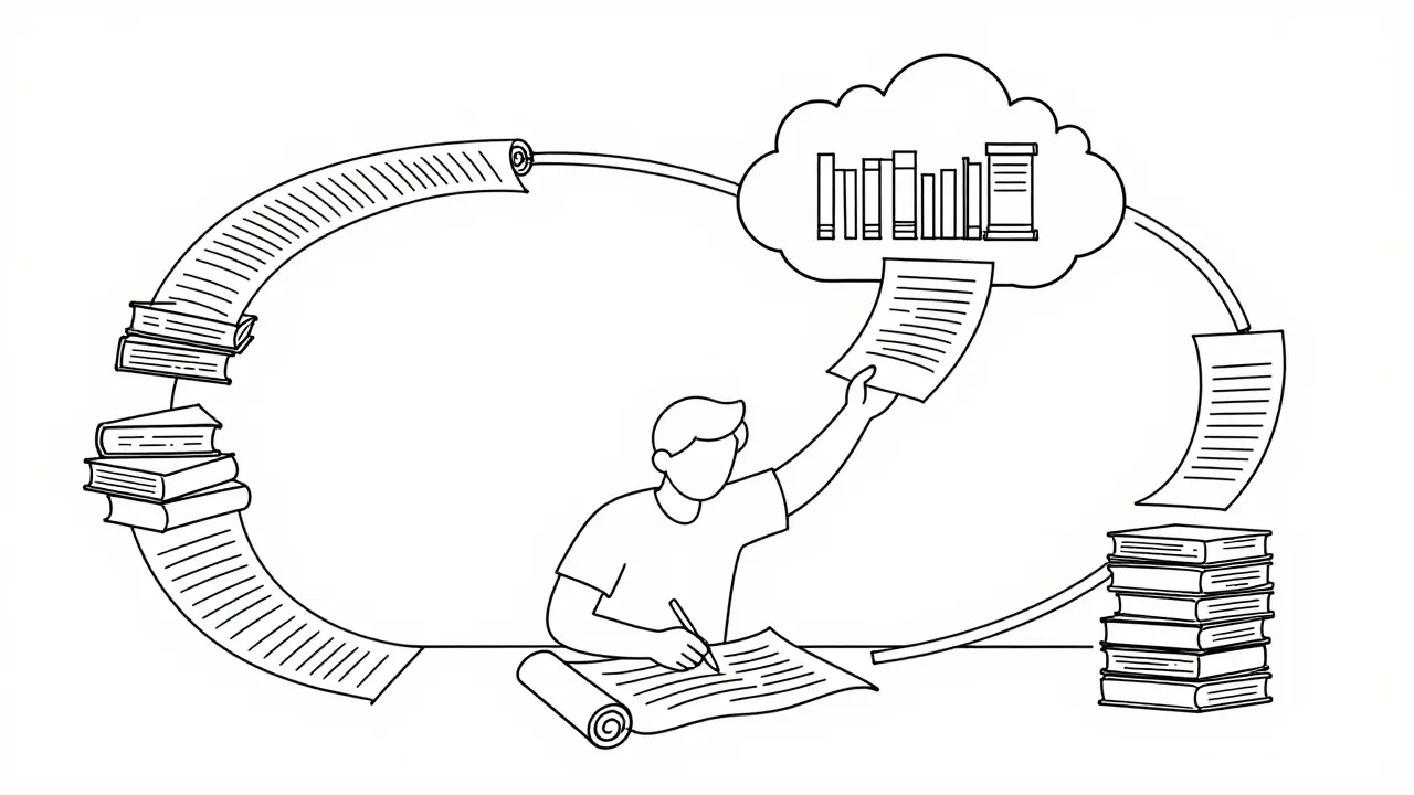 Line art of an AI writing while pulling pages from a cloud