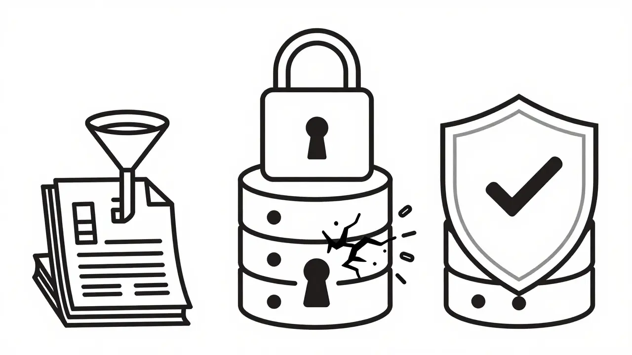 Line art of broken padlock on database showing data leaks vs secure storage