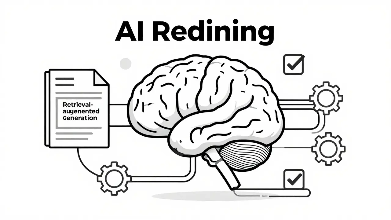 Line art showing AI analyzing contracts using brains and gears.