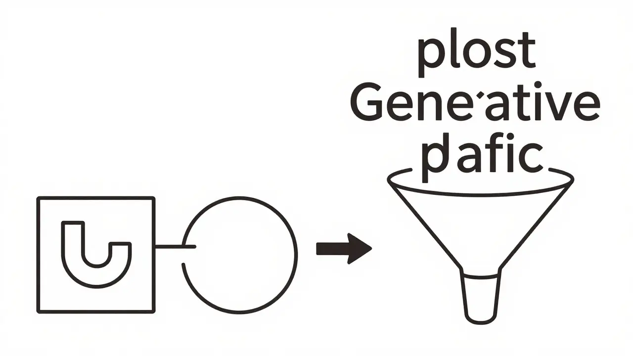 Line art showing magnets pulling matching pairs and funnels for text generation.