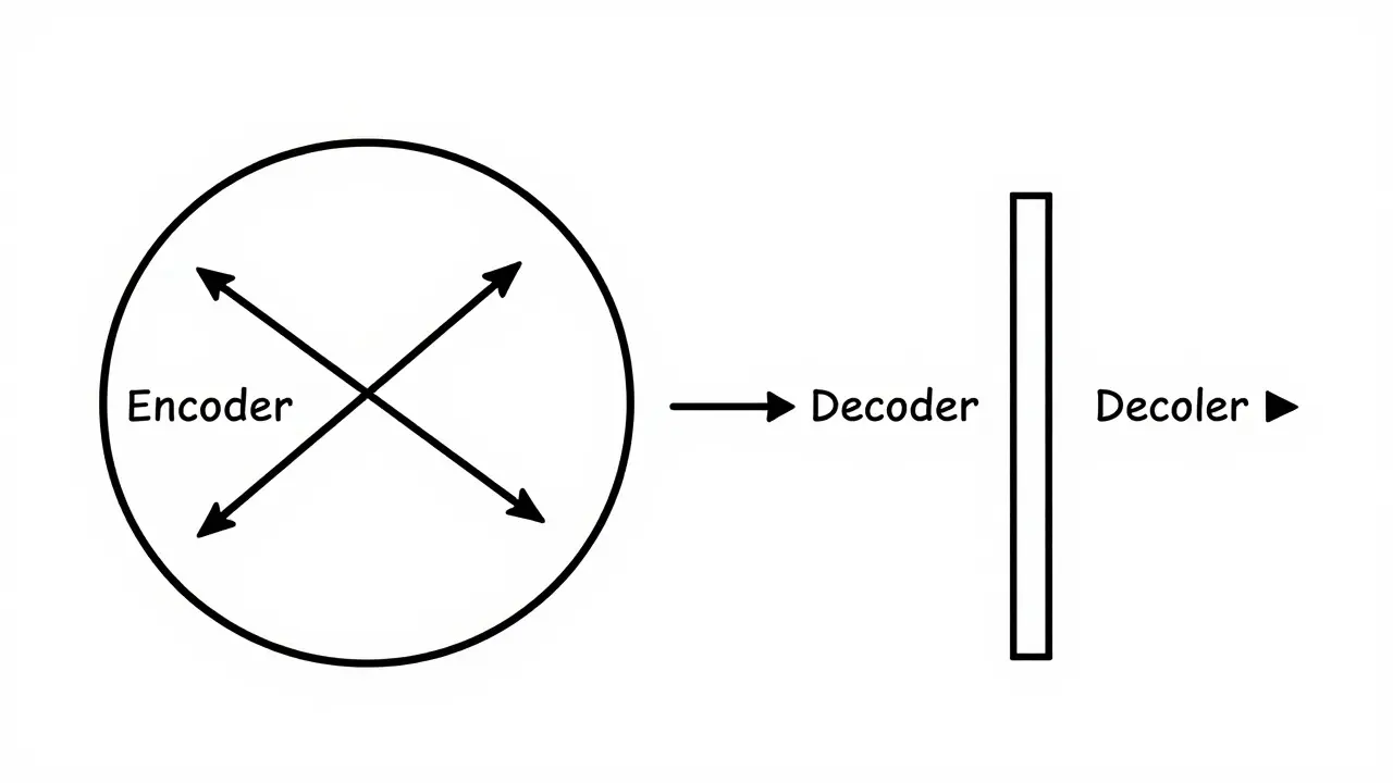 Line drawing comparing bidirectional encoder vs causal decoder flows